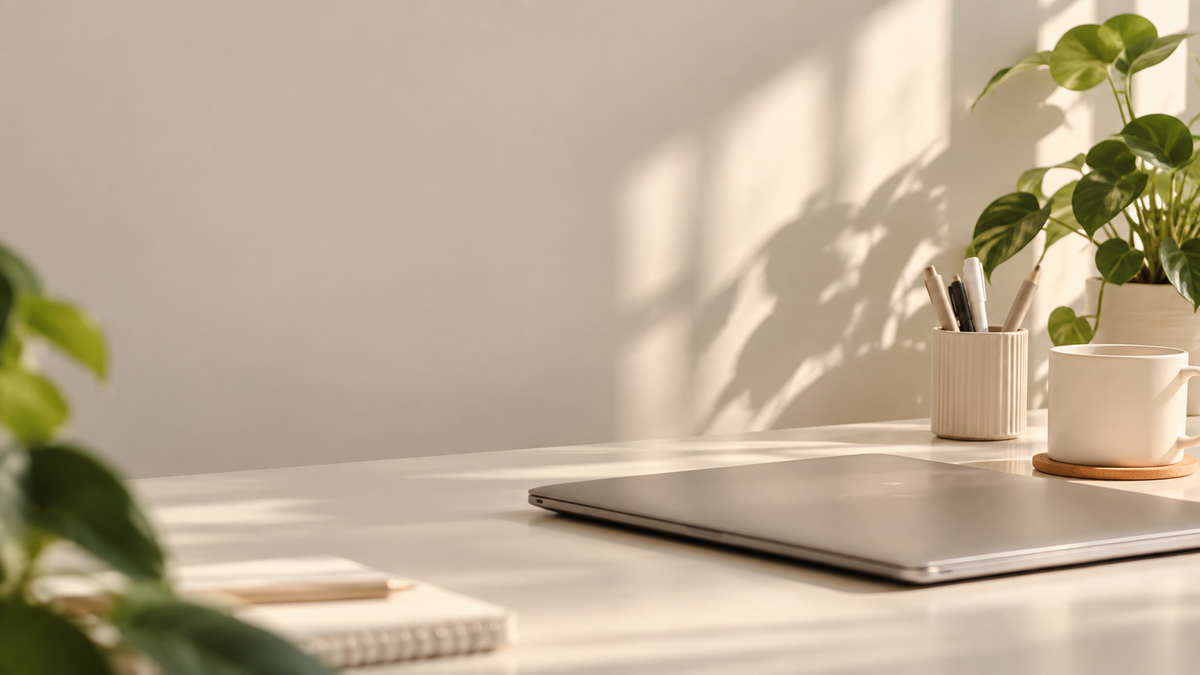 Sunlit minimalist desk with a closed laptop, notebook, pens and a potted plant.