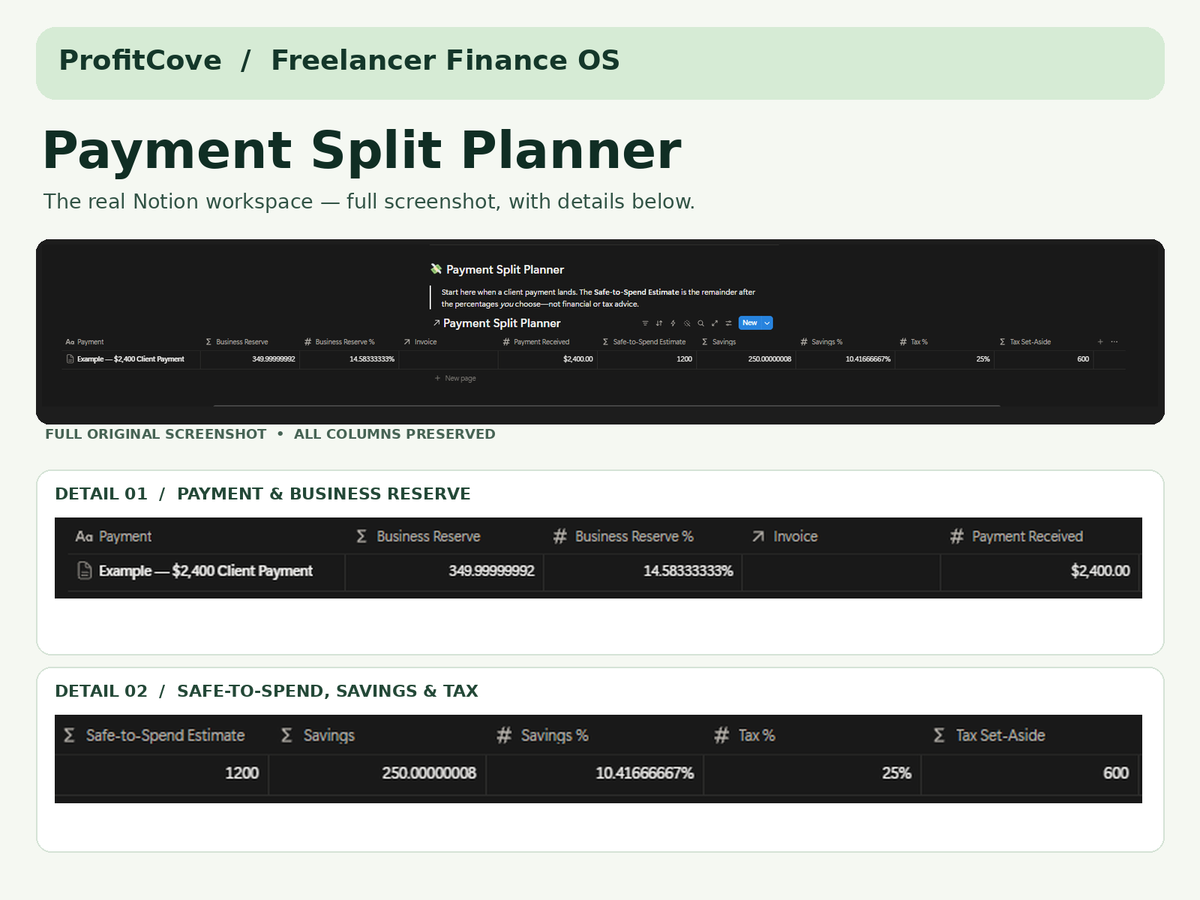 ProfitCove Notion Payment Split Planner showing a payment allocation table and breakdowns for savings, expenses, taxes, and available funds.