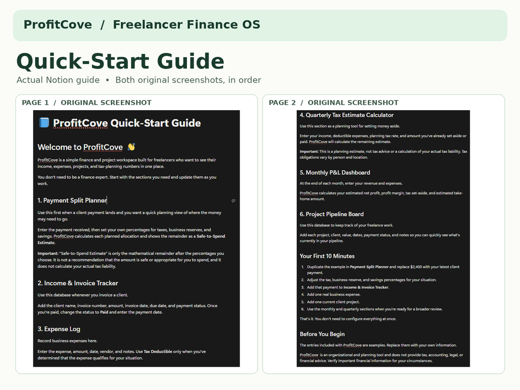 ProfitCove Notion Quick-Start Guide showing setup instructions and steps for using the freelancer finance workspace.