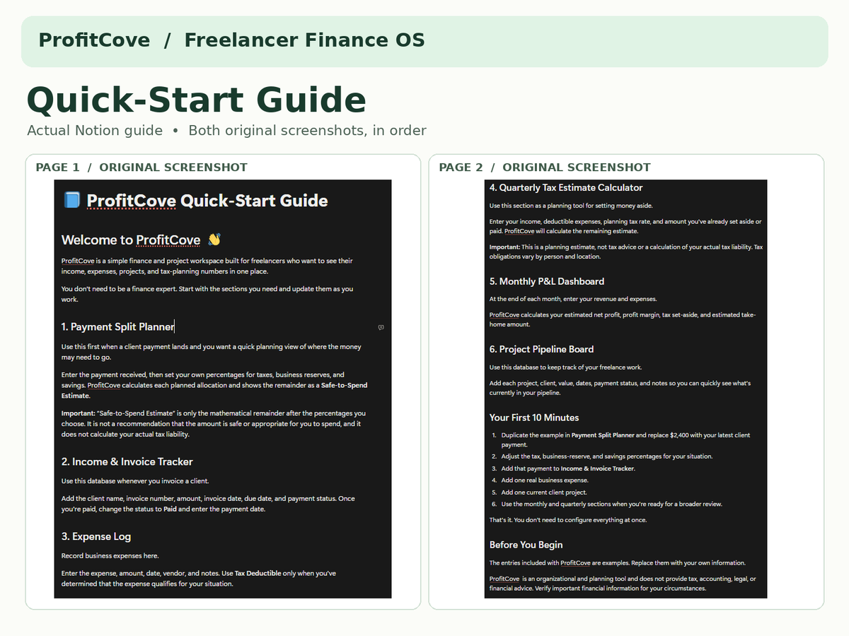 ProfitCove Notion Quick-Start Guide showing setup instructions and steps for using the freelancer finance workspace.