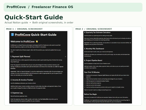 ProfitCove Notion Quick-Start Guide showing setup instructions and steps for using the freelancer finance workspace.